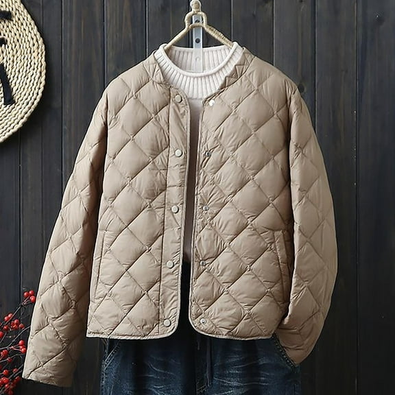 LIBRCLO Winter Coats for Women Warm Short Long Sleeve Fitness Puffer Jackets Soft Casual Button Crew Neck Solid Color Jackets with Pockets