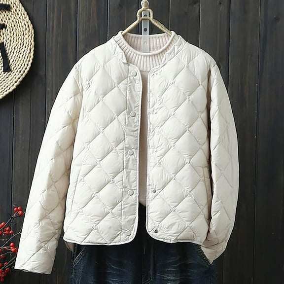 LIBRCLO Winter Coats for Women Warm Short Long Sleeve Fitness Puffer Jackets Soft Casual Button Crew Neck Solid Color Jackets with Pockets