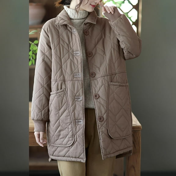 LIBRCLO Winter Coats for Women Workout Long Sleeve Button Thick Warm Puffer Jackets Short Solid Color Fashion Round-Neck Soft Jackets with Pockets