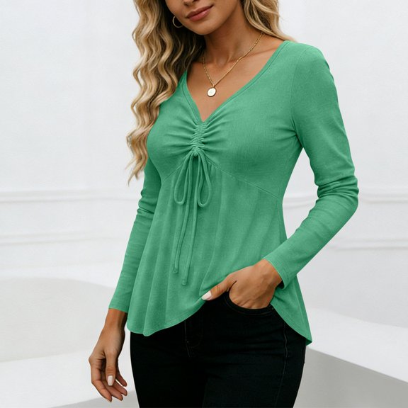 LIBRCLO Womens Blouses Long Sleeves Drawstring V-Neck Shirts Casual Solid Color Flowy Ruffle Tunic Tops