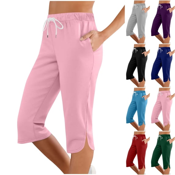 Womens Capri Pants Drawstring Elastic Waist Solid Color Pants with Side Pockets Sports Casual Summer Trousers, Pink L