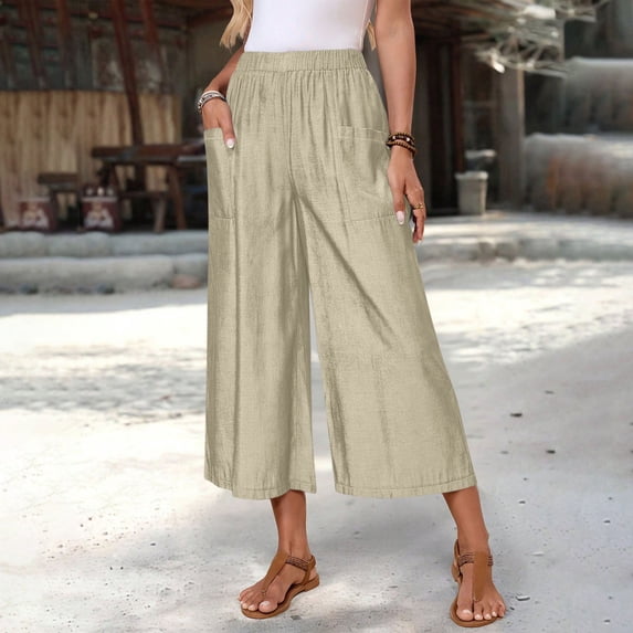 LIBRCLO Womens Capri Pants Wide Leg Elastic Waist Summer Pants with Pockets Loose Breathable Comfortable Workout Trousers