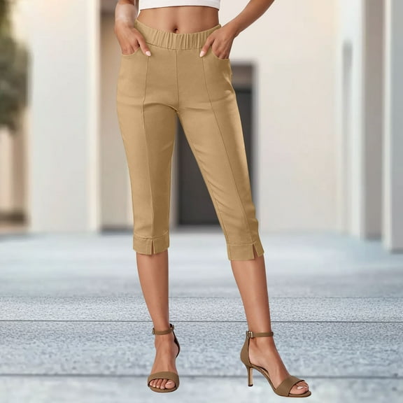 LIBRCLO Womens Capris with Pockets Classic Fit Leggings Elastic Waist Work Office Tight Yoga Pants Khaki S