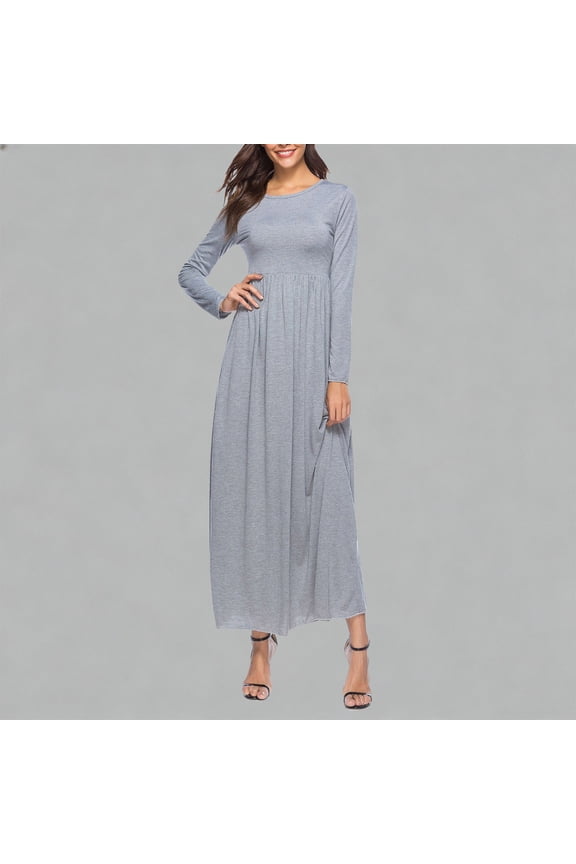 Womens Dresses Crew Neck Long Sleeve High Waisted Loose Casual Maxi Solid Frocks Casual Daily Dresses
