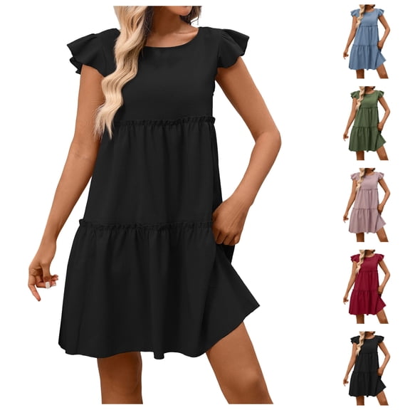LIBRCLO Womens Dresses Crew Neck Short Sleeve Short Dresses Casual Solid Color Vacation Sundress