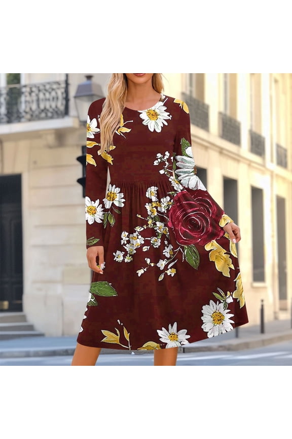 Womens Dresses Fashion Leisurely Printed Long Sleeved Round Neck Frocks Casual Daily Dresses with Pocket