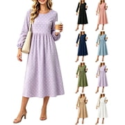 LIBRCLO Fall Dresses for Women Polka Dots Round Neck Long Sleeve Dresses Casual Trendy Midi Dresses Size XXL