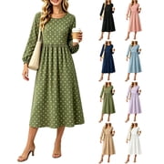 LIBRCLO Fall Dresses for Women Polka Dots Round Neck Long Sleeve Dresses Casual Trendy Midi Dresses Size M