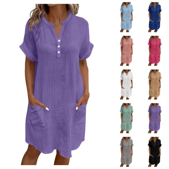 LIBRCLO Womens Dresses Short Sleeve V-Neck Dress with Pocket Solid Color Button Jumpsuit Long Skirt