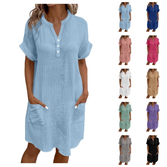 LIBRCLO Womens Dresses Short Sleeve V-Neck Dress with Pocket Solid Color Button Jumpsuit Long Skirt