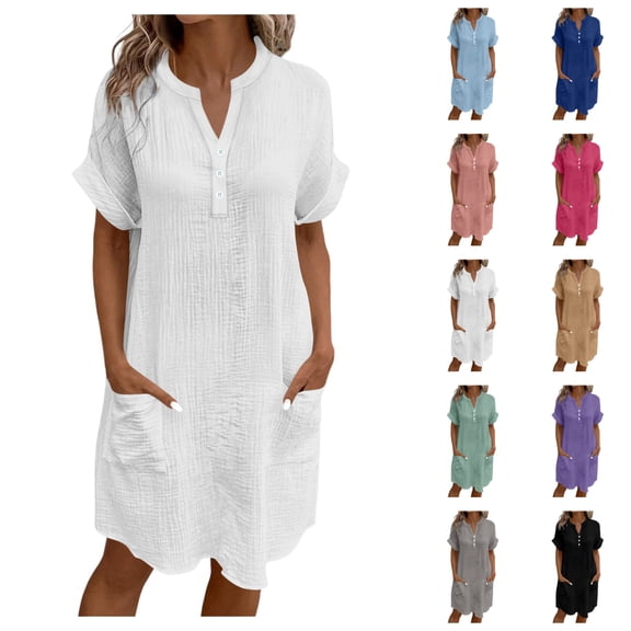 LIBRCLO Womens Dresses Short Sleeve V-Neck Dress with Pocket Solid Color Button Jumpsuit Long Skirt