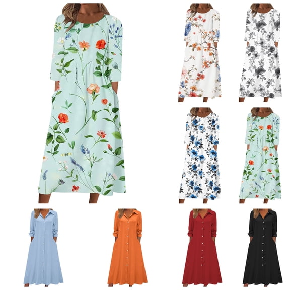 LIBRCLO Womens Dresses Summer Casual Crew Neck 3/4 Sleeve Sundress with Pocket Floral Printed Dresses