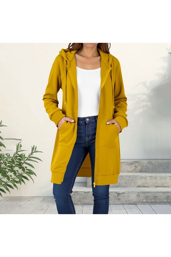 Womens Fleece-Lined Zip Hooded Jackets, Winter Warm Soft Long Sleeve Solid Color Outerwear, Casual Loose Fit French Coat with Pocket