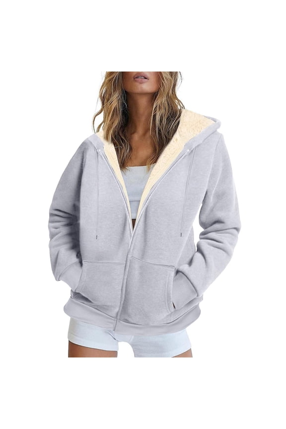 Womens Fleece Jackets for Winter, Soft Zip Warm Solid Color Long Sleeve Casual Jacket, Plush Brushed French Terry Coat with Pockets