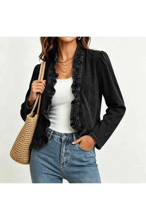 LIBRCLO Womens Jean Jacket Long Sleeve Ruffle Peplum Denim Jackets Fall Lightweight Open Front Cardigan Outerwear