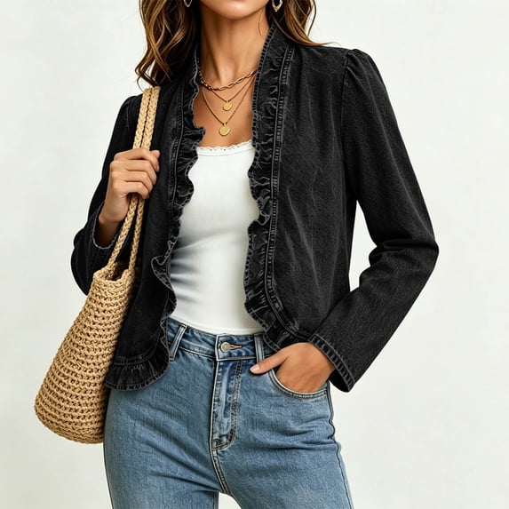 LIBRCLO Womens Jean Jacket Long Sleeve Ruffle Peplum Denim Jackets Fall Lightweight Open Front Cardigan Outerwear