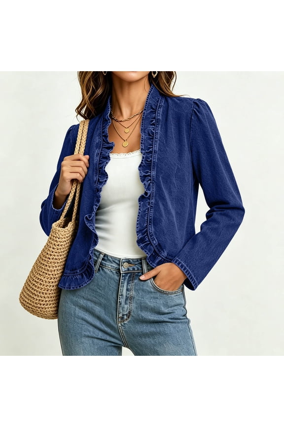 LIBRCLO Womens Jean Jacket Long Sleeve Ruffle Peplum Denim Jackets Fall Lightweight Open Front Cardigan Outerwear