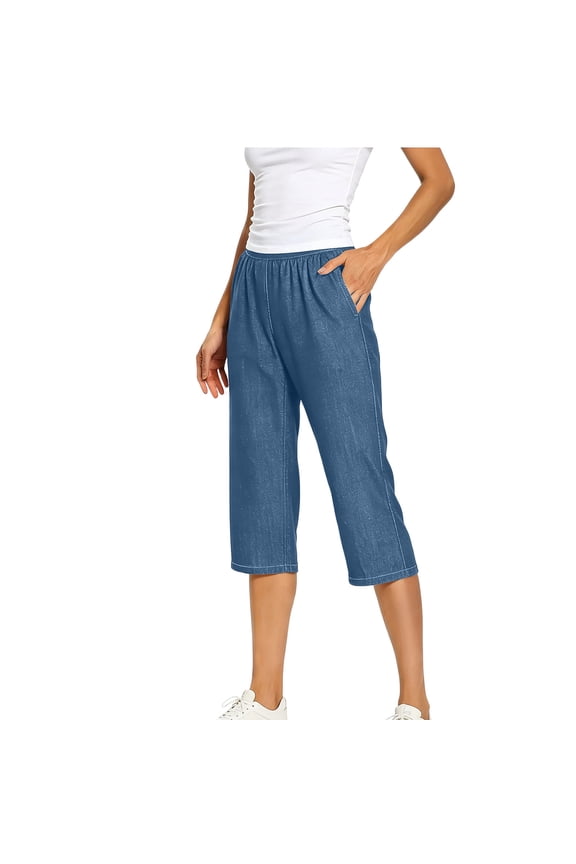 Womens Faux Denim Capris Elastic Jeans Pants with Double Pockets Solid Color Casual Leggings