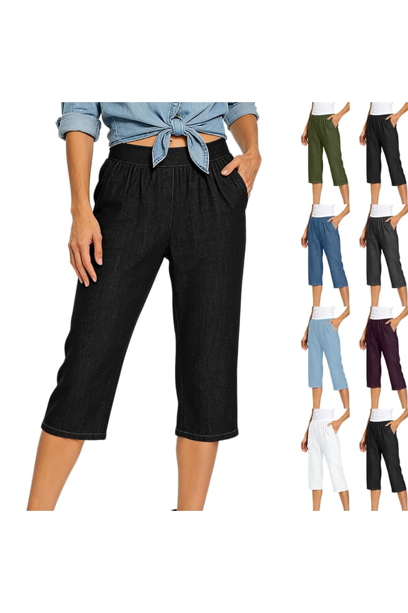 Womens Faux Denim Capris Elastic Jeans Pants with Double Pockets Solid Color Casual Leggings