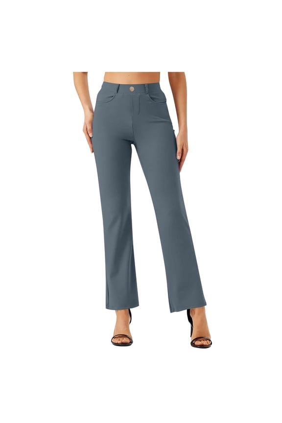 Womens Leggings with Pockets Yoga Pants Elastic Waist Classic Work Office Straight Leg Pants Gray XL