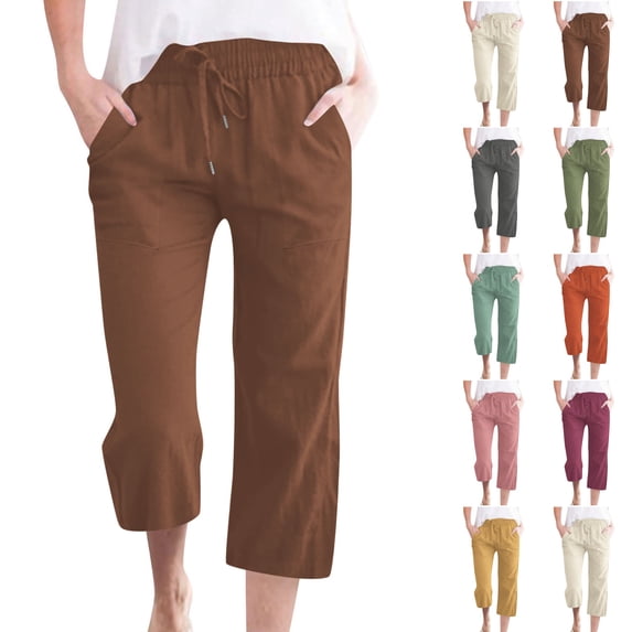 LIBRCLO Linen Pants for Women Drawstring Elastic Waist Capri Pants with Pockets Casual Solid Color Loose Trouses, Coffee 3XL