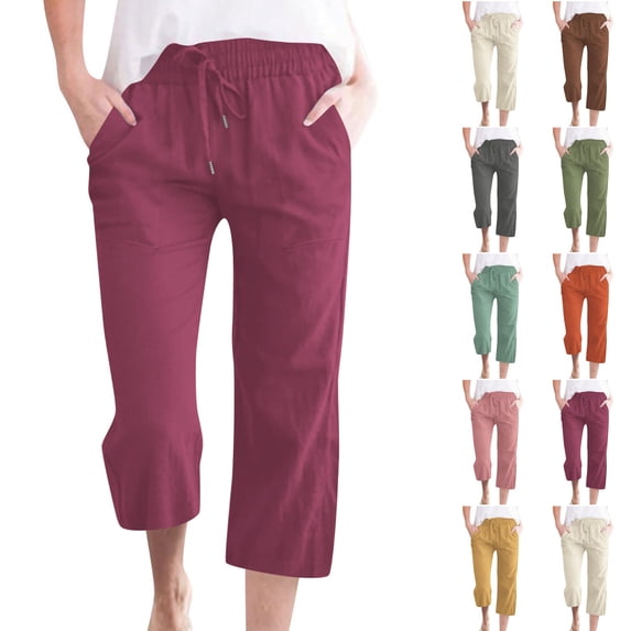 LIBRCLO Linen Pants for Women Drawstring Elastic Waist Capri Pants with Pockets Casual Solid Color Loose Trouses, Wine 3XL