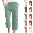 thumbnail image 1 of LIBRCLO Linen Pants for Women Drawstring Elastic Waist Capri Pants with Pockets Casual Solid Color Loose Trouses, Mint Green 3XL, 1 of 7