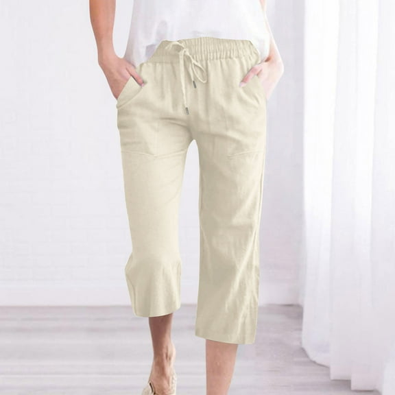 LIBRCLO Womens Linen Pants Plus Size Capris with Pocket Trouses Casual Solid Color Elastic Loose Pants