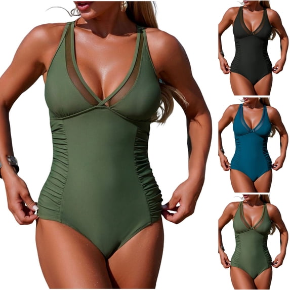 LIBRCLO Womens One Piece Swimsuits Deep V Hollow Solid Color Bikini Sling Comfortable Summer Beach Bathing Suits