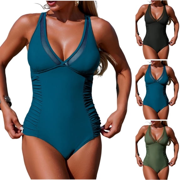 LIBRCLO Womens One Piece Swimsuits Deep V Hollow Solid Color Bikini Sling Comfortable Summer Beach Bathing Suits