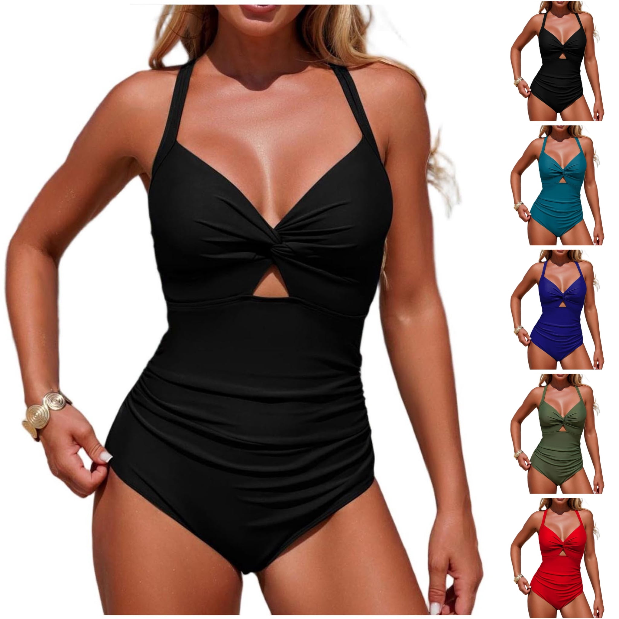 LIBRCLO Womens One Piece Swimsuits Deep V Solid Color Bikinis with ...