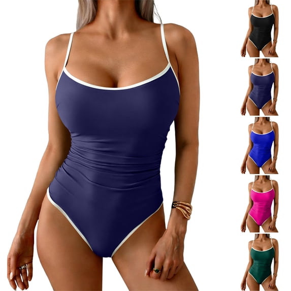 LIBRCLO Womens One Piece Swimsuits Sleeveless Crew Neck Tapered Waist Bikinis with Padded Bra Thin Straps Casual Summer Beach Bathing Suits