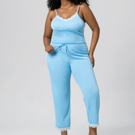 LIBRCLO Womens Pajama Sets Plus Size Crew Neck Sleeveless Camisole and Drawstring Pants Summer Casual Loungewear