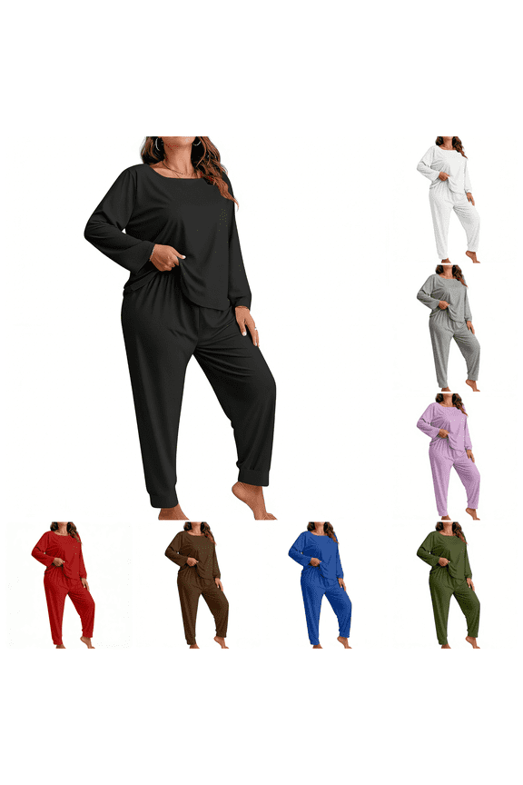 Womens Pajama Sets Plus Size Fashion Solid Color Lounge Wear Casual Long Sleeve Pants Sleepwear