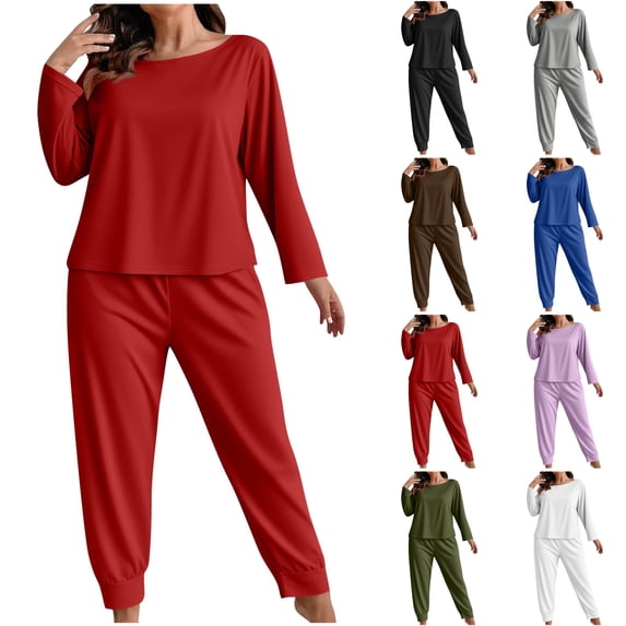 LIBRCLO Womens Pajama Sets Plus Size Fashion Solid Color Lounge Wear Casual Long Sleeve Pants Sleepwear