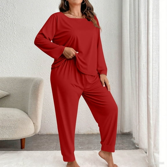 LIBRCLO Womens Pajama Sets Plus Size Fashion Solid Color Lounge Wear Casual Long Sleeve Pants Sleepwear