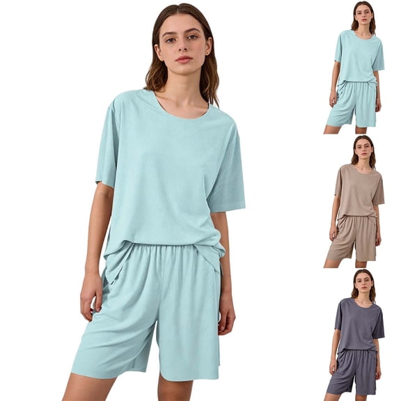 LIBRCLO Pajamas for Women Short Sets Crew Neck Short Sleeve Tops And Shorts Loungewear Set Solid Color Breathable Summer Sleepwear