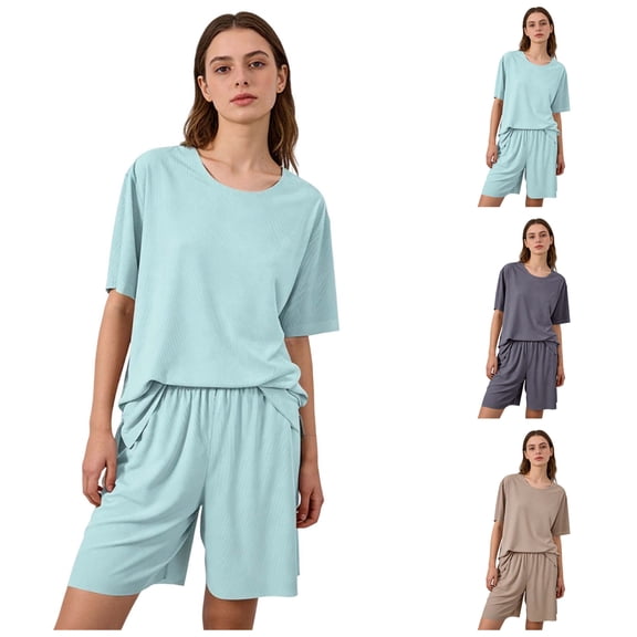 LIBRCLO Pajamas Sets for Women Crew Neck Short Sleeve Tops and Shorts Solid Color Breathable Summer Sleepwear Loungewear Set