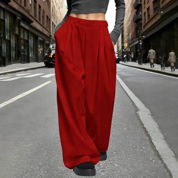 LIBRCLO Womens Pants Wide Leg Elastic Waist Trousers with Pockets Crease Solid Color Casual Long Pants