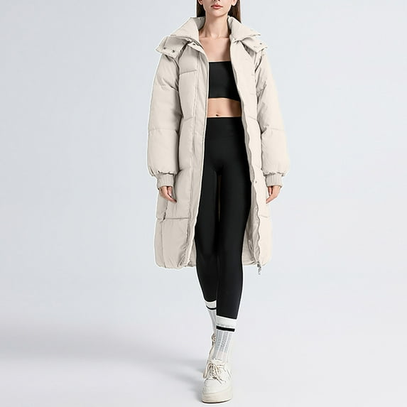 LIBRCLO Womens Puffer Jackets Long Comfortable Round Neck Workout Winter Coats with Hood Long Sleeve Solid Color Fashion Thick Zipper Jackets with Pockets