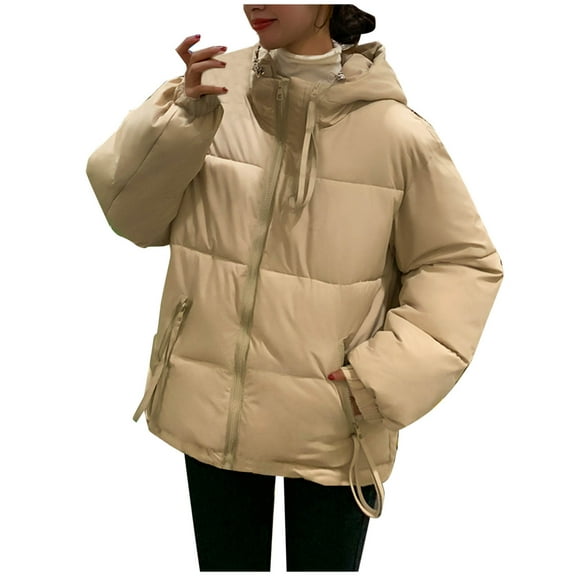 LIBRCLO Womens Puffer Jackets Zipper Comfortable Solid Color Workout Warm Winter Coats with Hood Crew Neck Fashion Short Long Sleeve Jackets with Pockets