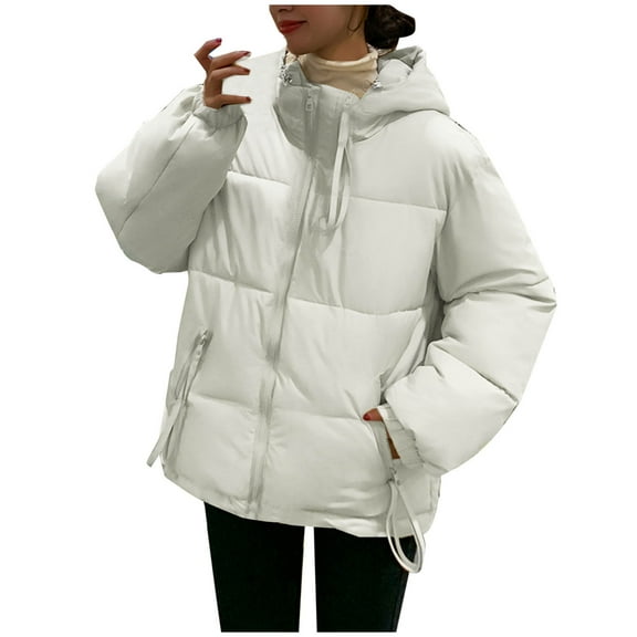 LIBRCLO Womens Puffer Jackets Zipper Comfortable Solid Color Workout Warm Winter Coats with Hood Crew Neck Fashion Short Long Sleeve Jackets with Pockets