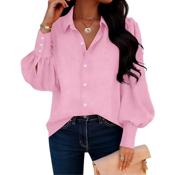LIBRCLO Womens Shirts Long Sleeve V-Neck Solid Causal Button Blouse Fashionable Spring And Summer Tops
