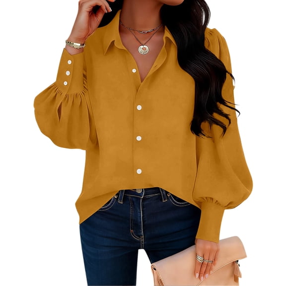 LIBRCLO Womens Shirts Long Sleeve V-Neck Solid Causal Button Blouse Fashionable Spring And Summer Tops