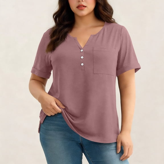 LIBRCLO Womens Shirts Plus Size Short Sleeves V-Neck Button T-Shirts with Pocket Soft Casual Summer Tops