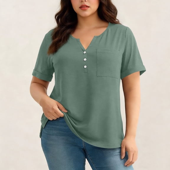 LIBRCLO Womens Shirts Plus Size Short Sleeves V-Neck Button T-Shirts with Pocket Soft Casual Summer Tops