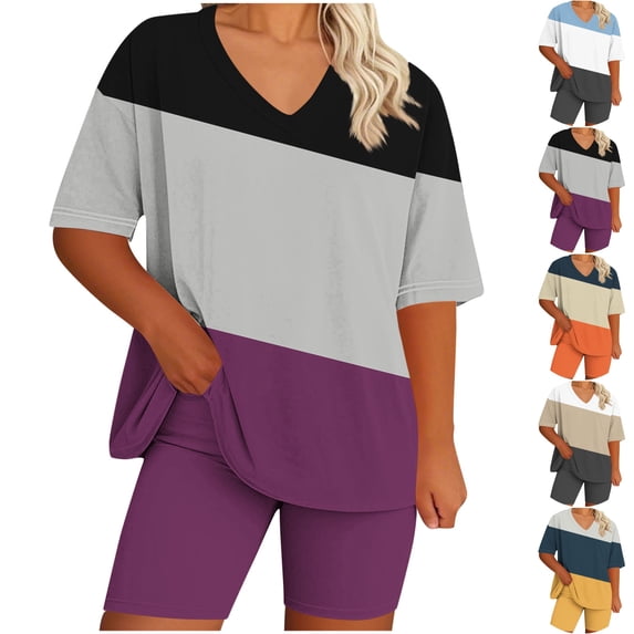 LIBRCLO Womens Suits 2 Piece Set Plus Size Lounge Set V-Neck Short Sleeved Top And Shorts Summer Home Suit