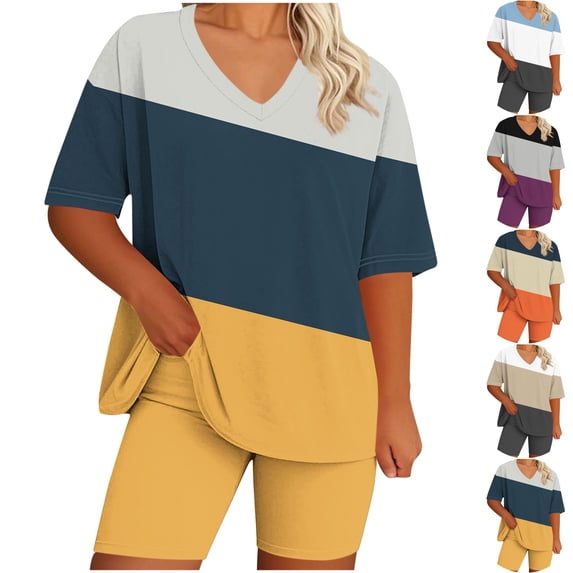 LIBRCLO Womens Suits 2 Piece Set Plus Size Lounge Set V-Neck Short Sleeved Top And Shorts Summer Home Suit
