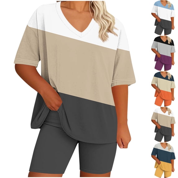 LIBRCLO Womens Suits 2 Piece Set Plus Size Lounge Set V-Neck Short Sleeved Top And Shorts Summer Home Suit