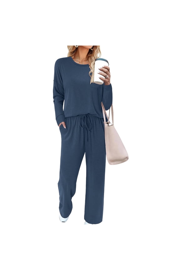 Womens Suits 2 Piece Set Solid Lounge Set Crew Neck Long Sleeved Top And Drawstring Pants With Pockets Summer Home Suit